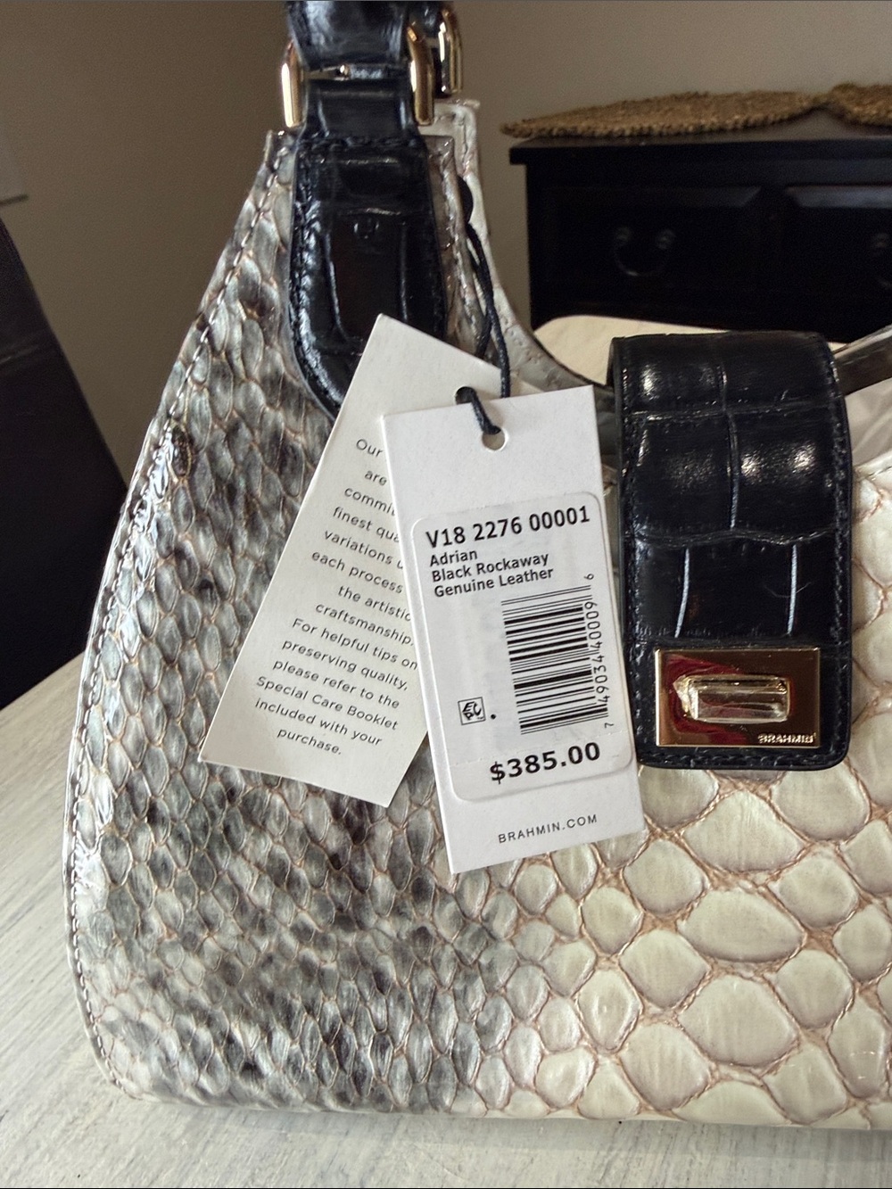 Brahmin Adrian Black Rockway Ivory and Black Embossed Python-Print Satchel - Picture 3 of 14